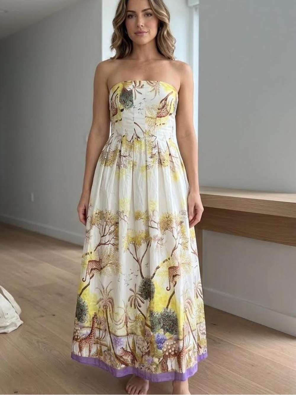 NWT Caroline Constas Safari Jungle Print Strapless Cotton Maxi Dress Size S